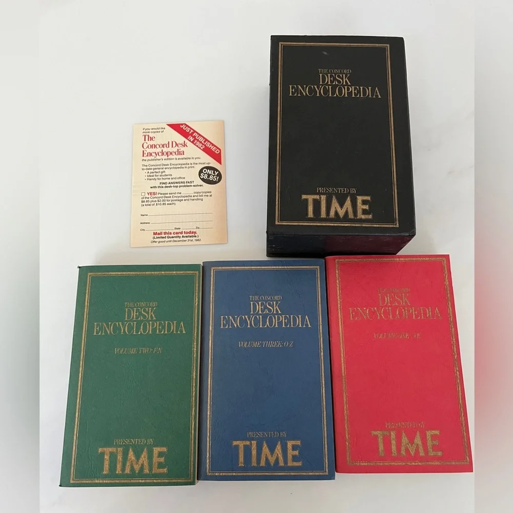 Vintage The Concord Desk Encyclopedia Set of 3 with 1982 postcard